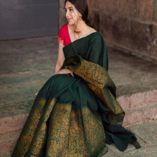 The Silk Beautiful Dark Green & Golden Banarasi Jacquard Silk Designer Sarees
