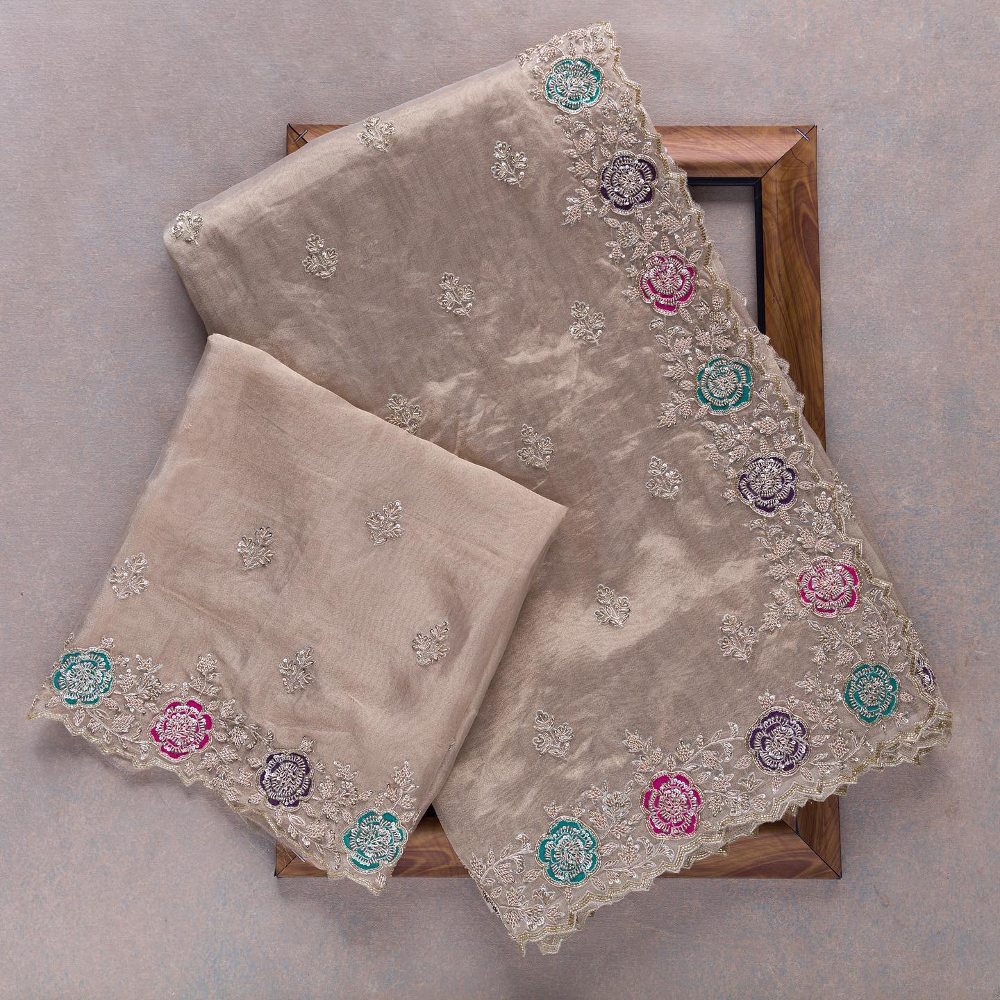 Cream Colour Rangoli Silk Sequence Embroidery Work Saree With Blouse