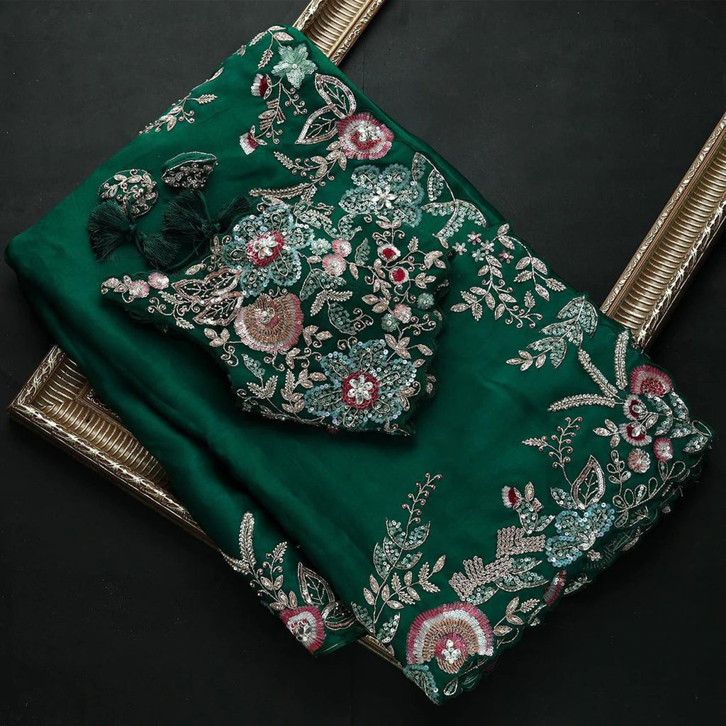Green Colour Rangoli Silk Sequence Embroidery Work Saree With Blouse