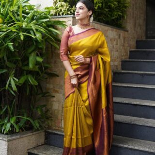 Panoply Golden Soft Silk Saree with Propinquity Blouse Piece