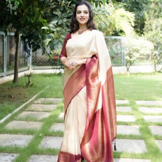 Lagniappe Beige Soft Silk Saree With Lassitude Blouse Piece