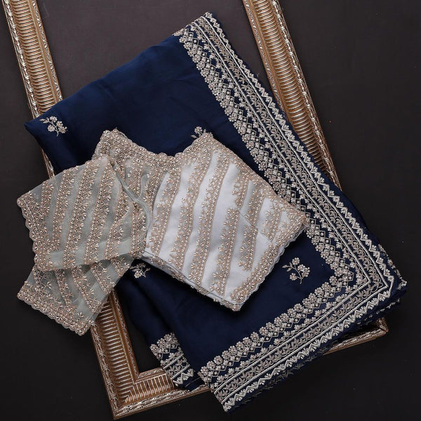 Silver Blue Colour Rangoli Silk Sequence Embroidery Work Saree With Blouse