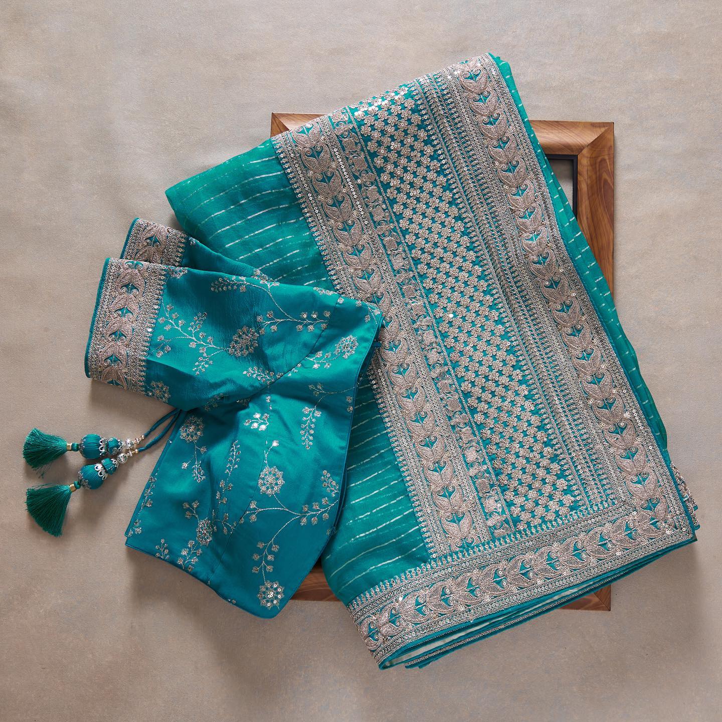 Rama Colour Rangoli Silk Sequence Embroidery Work Saree With Blouse