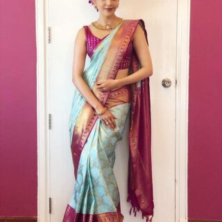 Tremendous Sky Soft Banarasi Silk Saree With Incomparable Blouse Piece