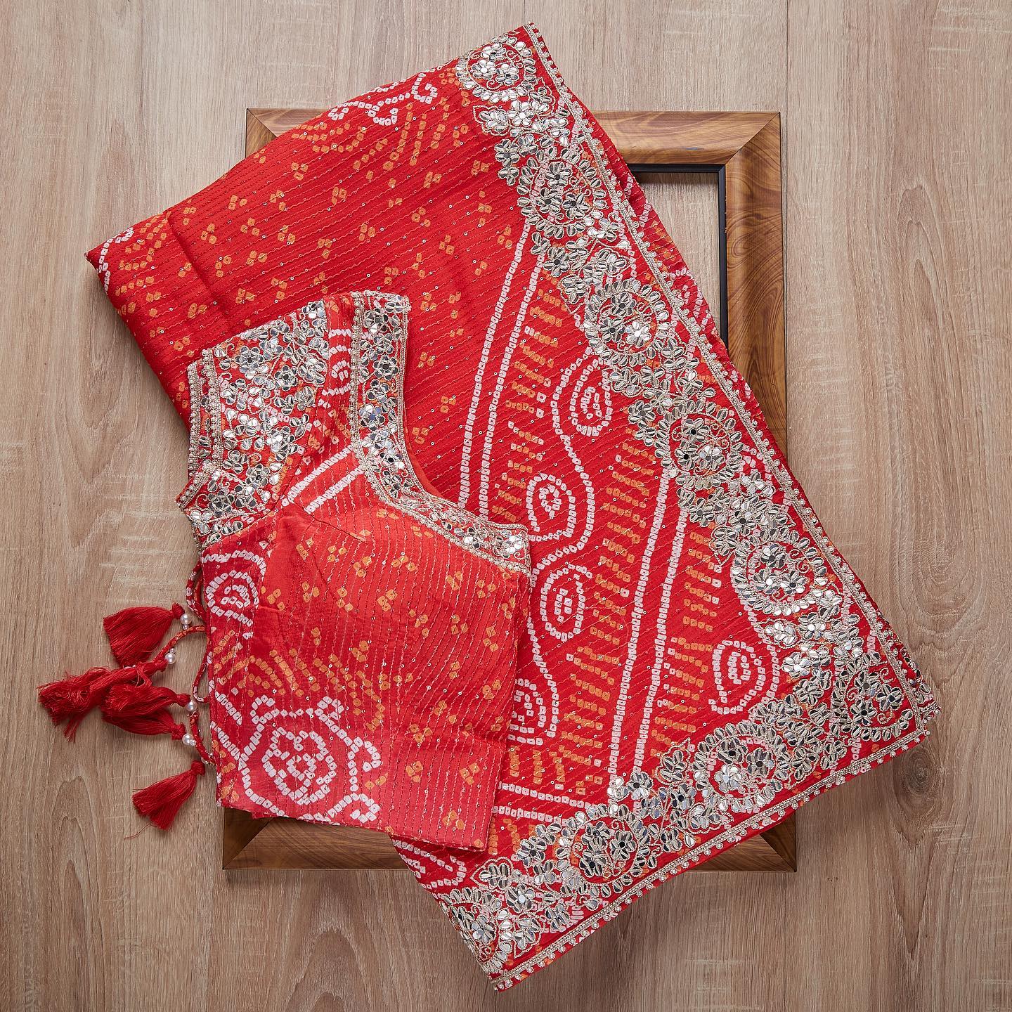 Red Bandhani Colour Rangoli Silk Sequence Embroidery Work Saree With Blouse
