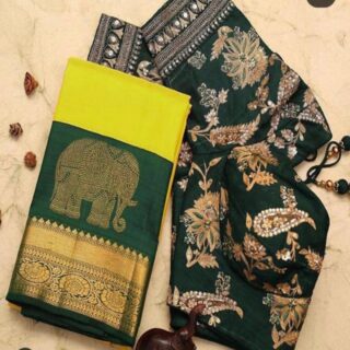 Efflorescence Yellow Soft Banarasi Silk Saree With Magnetic Blouse Piece