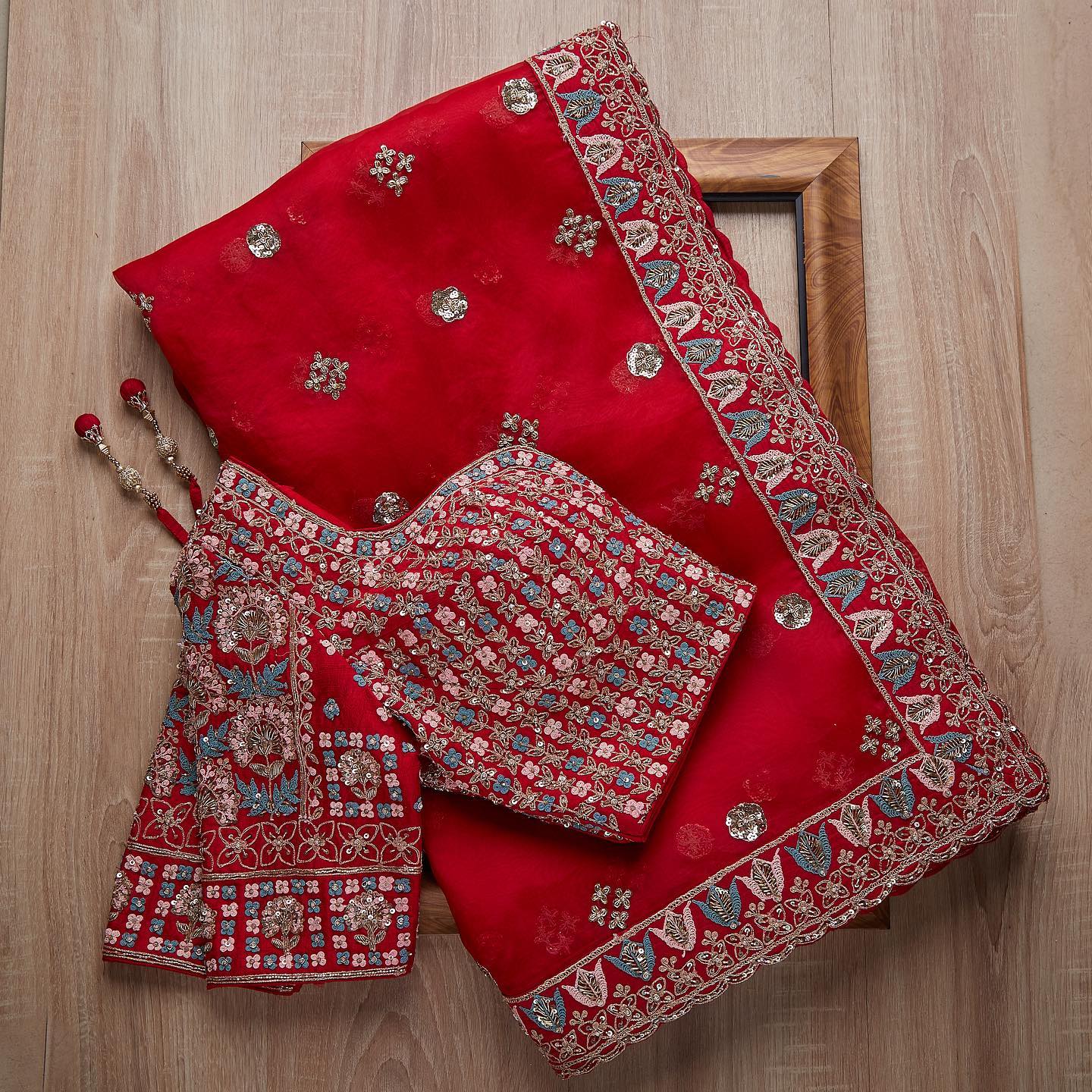 Red Havy Ston Work Rangoli Silk Sequence Embroidery Work Saree With Blouse