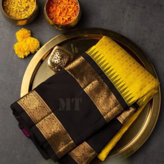 Buy Yellow and Black Kanchipuram Silk Saree with Attached Blouse