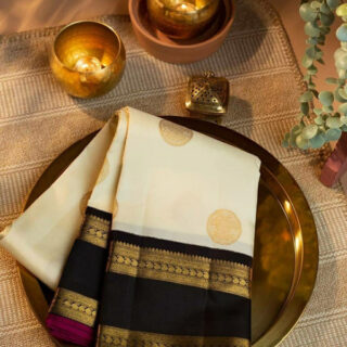 Pure Reach Silk Cream White Color With Lovely Black Pallu Weaving Jacquard Bengali Saree