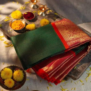 The Silk Floral Brocade Green Saree with red blouse