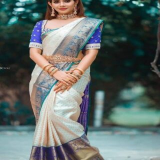 The Silk Women's Gorgeous White with Blue color Soft Silk Party Wear Saree with 0.80 m Attached blouse