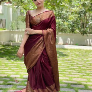 Unique Wine Soft Silk Saree With Wonderful Blouse Piece