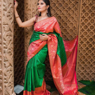 The Silk Women's Beautiful Pure Soft Silk Saree in Dark Green & Red Organic Color with 0.80m Attached Blouse for part wear