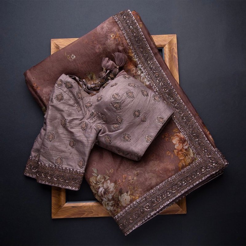 Brown Colour Organza Silk Sequence Embroidery Work Saree With Blouse